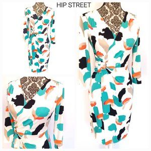 TAHARI LS Surplice Top Fold Over Panel Sarong Skirt Stretch Print Dress 2